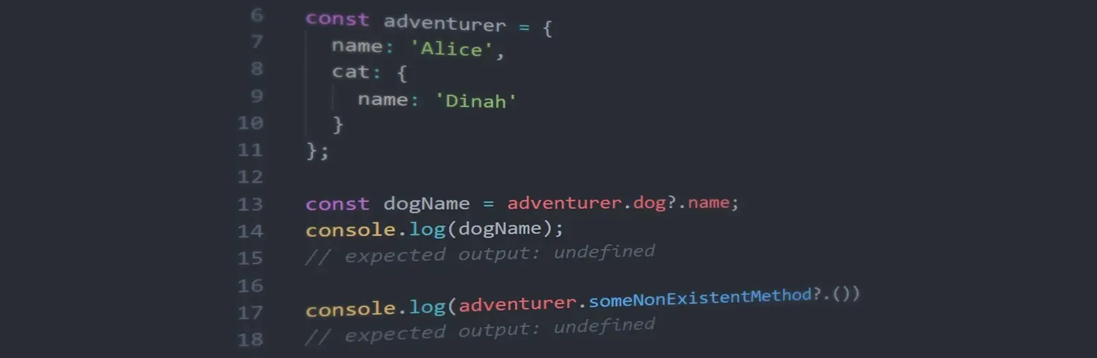 Code sample demonstrating JavaScript optional chaining on a nested object